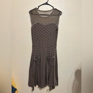 Effie’s Heart Gray Heart Print Mesh Yoke Fit & Flare Dress w Pockets